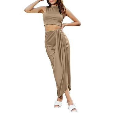 Riforla Women Sexy Solid Color Short Vest Pleated Slit Skirt Two Piece Set Mini Skirt Set Khaki S