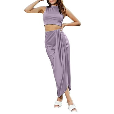 Riforla Women Sexy Solid Color Short Vest Pleated Slit Skirt Two Piece Set Mini Skirt Set M