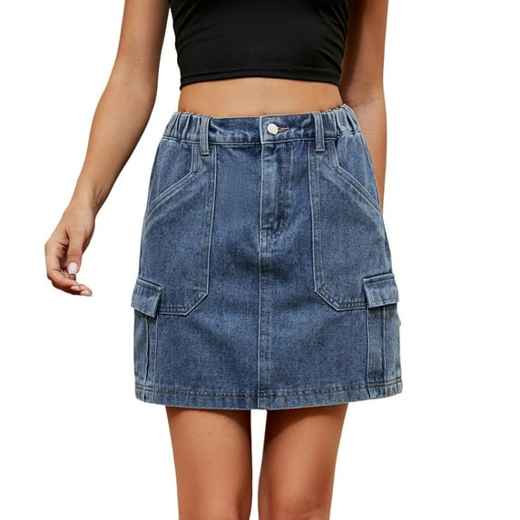 Ediodpoh Jean Skirt Women Skirt Soft Hugging Denim Skirt Elastic Waist Cargo Pocket Denim Short Skirt for Casual Womens Skirts Blue L