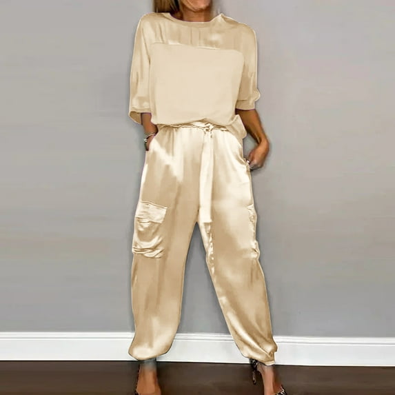 Riforla Women Smooth Satin Half Sleeve Top and Pants Set Women Casual Summer Satin Pajama Set Trousers Sets Beige XL