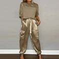 thumbnail image 1 of Riforla Women Smooth Satin Half Sleeve Top and Pants Set Women Casual Summer Satin Pajama Set Trousers Sets Khaki M, 1 of 5