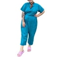 thumbnail image 1 of Riforla Women Solid Short Sleeve Shirt Zipper Elastic Waist Jumpsuit Straight Trousers Pocket Jumpsuits Womens Jumpsuits Blue XL, 1 of 6
