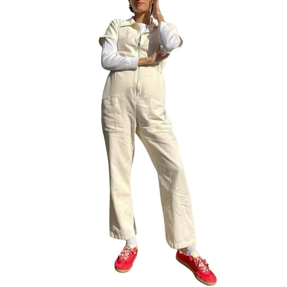 Riforla Women Solid Short Sleeve Shirt Zipper Elastic Waist Jumpsuit Straight Trousers Pocket Jumpsuits Womens Jumpsuits Khaki XL