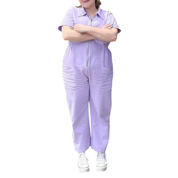 Riforla Women Solid Short Sleeve Shirt Zipper Elastic Waist Jumpsuit Straight Trousers Pocket Jumpsuits Womens Jumpsuits Purple M