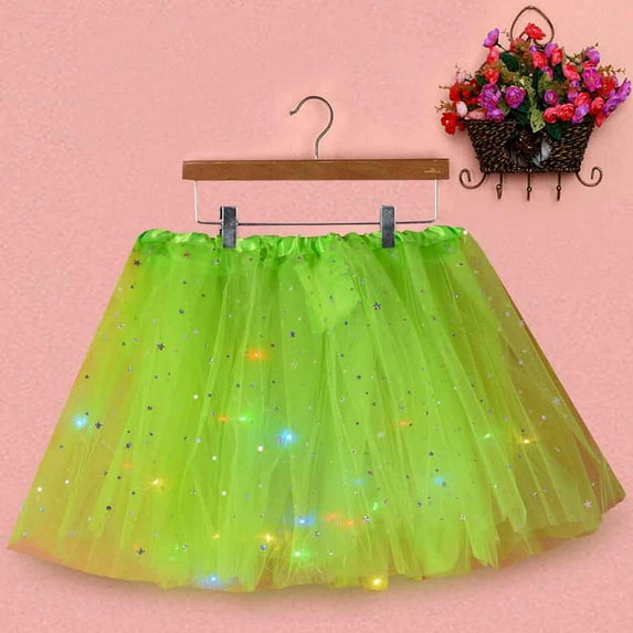 Riforla Women Star Sequins Mesh Pleated Tulle Princess Skirt with LED Small Bulb Skirt Women's Skirts Green_001 One Size