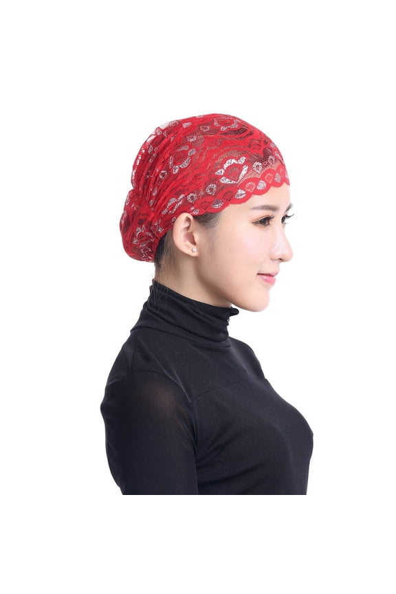 Women Stretch Lace Turban Hat Chemo Cap Hair Loss Head Scarf Wrap Cap Baseball Caps Red