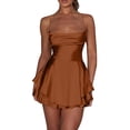 thumbnail image 1 of Riforla Women Summer Backless Short Romper Satin Mini Dress Cowl Neck Tie-Up Spaghetti Strap Jumpsuits Party Clubwear Dresses for Women Brown S, 1 of 6