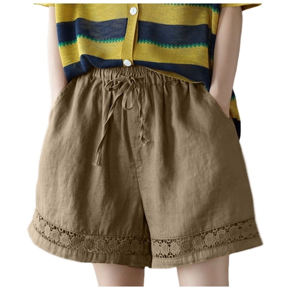 Riforla Women Summer Shorts 2024 Fashionable Elastic Waist Drawstring Comfort Shorts Casual Loose Holiday Shorts for Women Khaki M