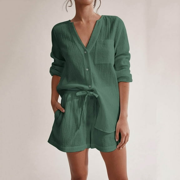 Riforla Women Summer Solid Color Long Sleeve Shorts Conditioning Fashion Casual Home Service Two Piece Set 2 Piece Sets Women Outfit Green M