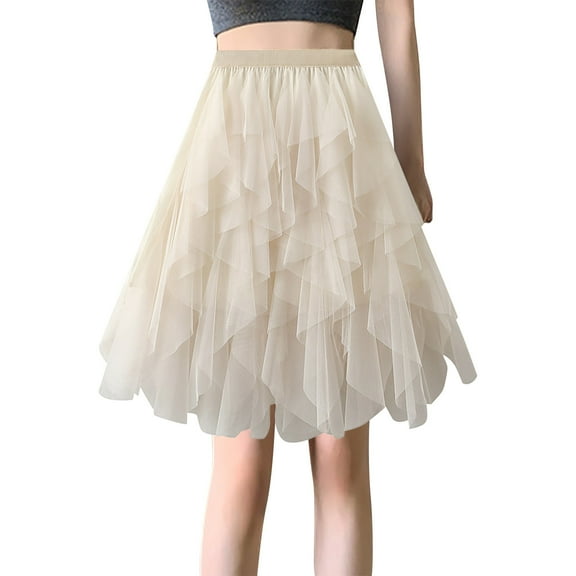 Riforla Women Tulle Skirts Knee Length Long Adult Tutu Layered Short Prom Party Midi Skirt Skirts for Women Trendy Beige One Size