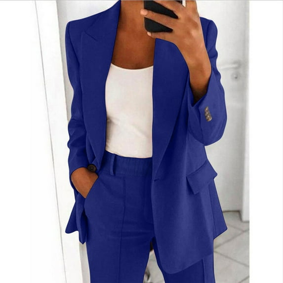 Riforla Women Two Piece Lapels Suit Set Office Business Long Sleeve Button Formal Jacket Pant Suit Slim LooseTrouser Jacket Suit Sets for Women 2 Pieces Deep Blue XL