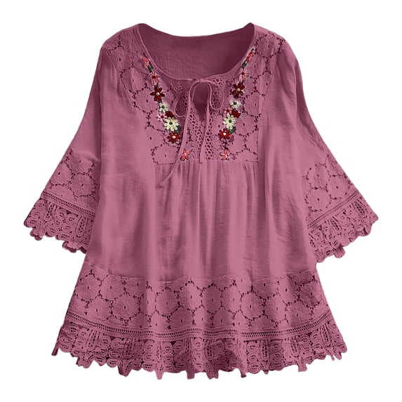 Fgnfyis T Shirts for Women Women Lace Patchwork Bow V Neck Three Quarter Blouses Top T Shirt Casual Womens Tops Hot Pink S