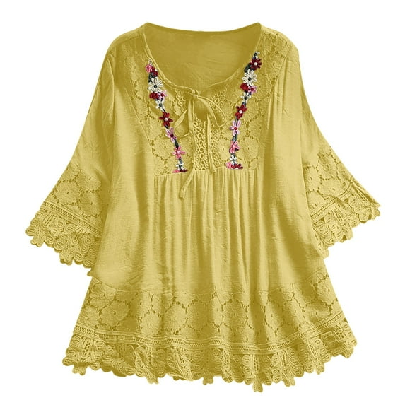 Fgnfyis T Shirts for Women Women Lace Patchwork Bow V Neck Three Quarter Blouses Top T Shirt Casual Womens Tops Yellow S