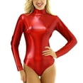 thumbnail image 1 of Riforla Women Yoga Jumpsuits Shiny Metallic Leather Neck Long Sleeve Leotard Bodysuit Jumpsuits for Women Red XL, 1 of 7