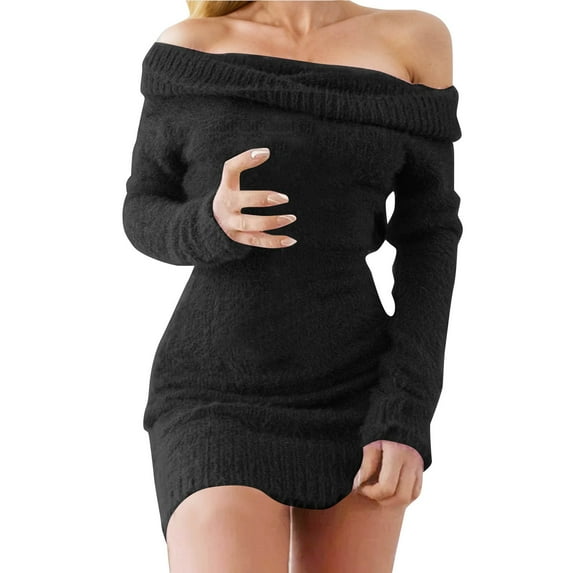 Riforla Women off Shoulder Bodycon Sweater Dress Long Sleeve Knit Winter Holiday Party Dress Dresses for Women Black L