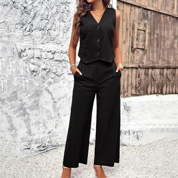 Riforla Women's 2 Piece Cotton Casual Outfits Womens Button Sleeveless Vest Shirt Straight Wide Leg Trousers with Pockets 2 Piece Sets for Women Black L