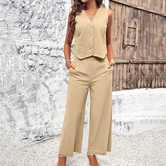 Riforla Women's 2 Piece Cotton Casual Outfits Womens Button Sleeveless Vest Shirt Straight Wide Leg Trousers with Pockets 2 Piece Sets for Women Khaki L