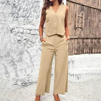 Riforla Women's 2 Piece Cotton Casual Outfits Womens Button Sleeveless Vest Shirt Straight Wide Leg Trousers with Pockets 2 Piece Sets for Women Khaki S