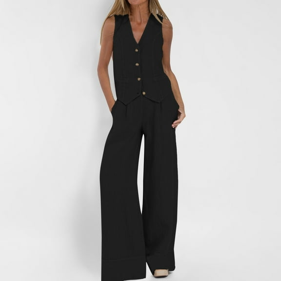 Riforla Women's 2 Piece Cotton Casual Outfits Womens Button Sleeveless Vest Shirt Straight Wide Leg Trousers with Pockets Pants Sets Black S