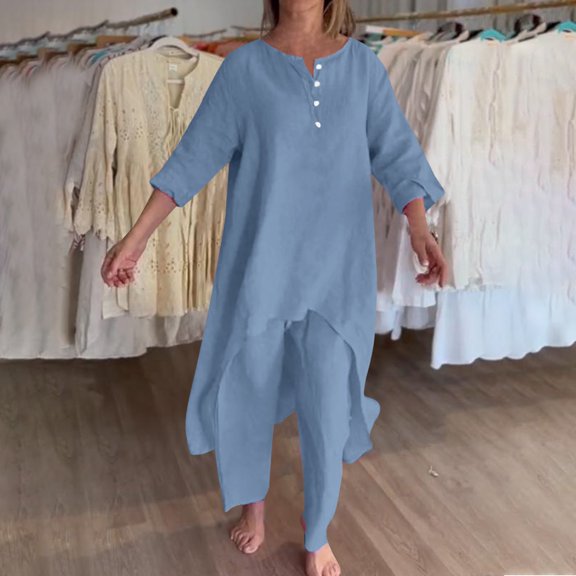 Riforla Women's 2024 Fashion Casual Large Irregular Long Sleeved Suit Wide Leg Pants Two Piece Suit Pants Sets Blue S