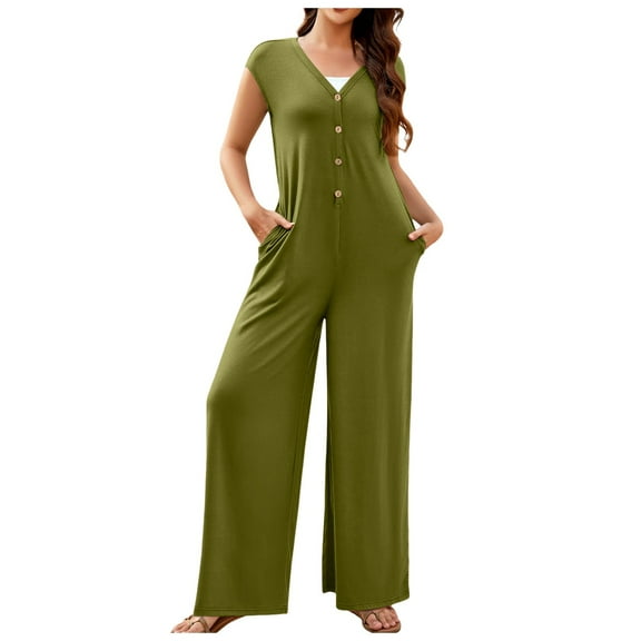 Riforla Women's 2024 Summer Cap Sleeve Jumpsuits Deep V Neck Button Wide Leg Pants Rompers Summer Jumpsuits Green XL
