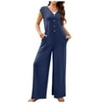 thumbnail image 1 of Riforla Women's 2024 Summer Cap Sleeve Jumpsuits Deep V Neck Button Wide Leg Pants Rompers Summer Jumpsuits Navy S, 1 of 9