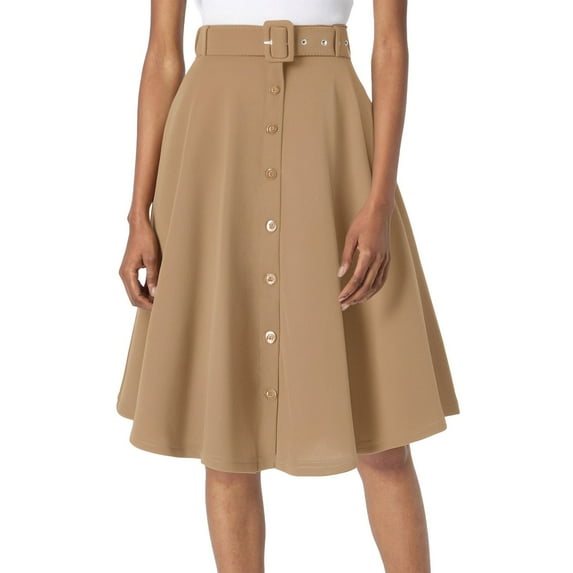 Riforla Women's A Line Flared Midi Skirt Vintage Stretch High Waisted Button Down Swing Skirt with Pockets and Belts Skirts for Women Trendy Beige S