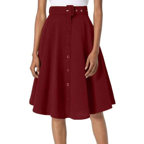 Riforla Women's A Line Flared Midi Skirt Vintage Stretch High Waisted Button Down Swing Skirt with Pockets and Belts Skirts for Women Trendy Red S