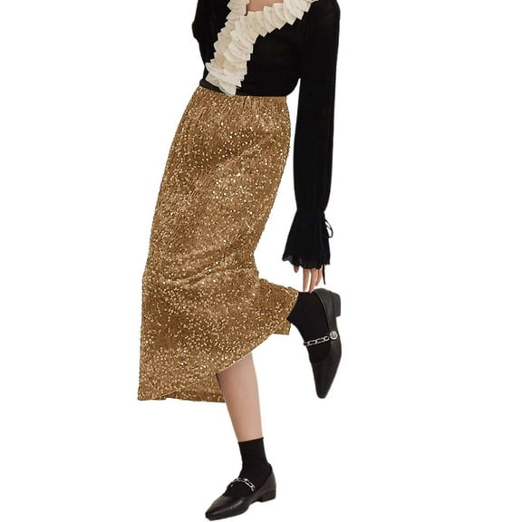 Riforla Women's A Line Glitter Sequin Pleated Skirt Mid Length Elegant Festive Pleated Skirt Womens Skirts Khaki One Size