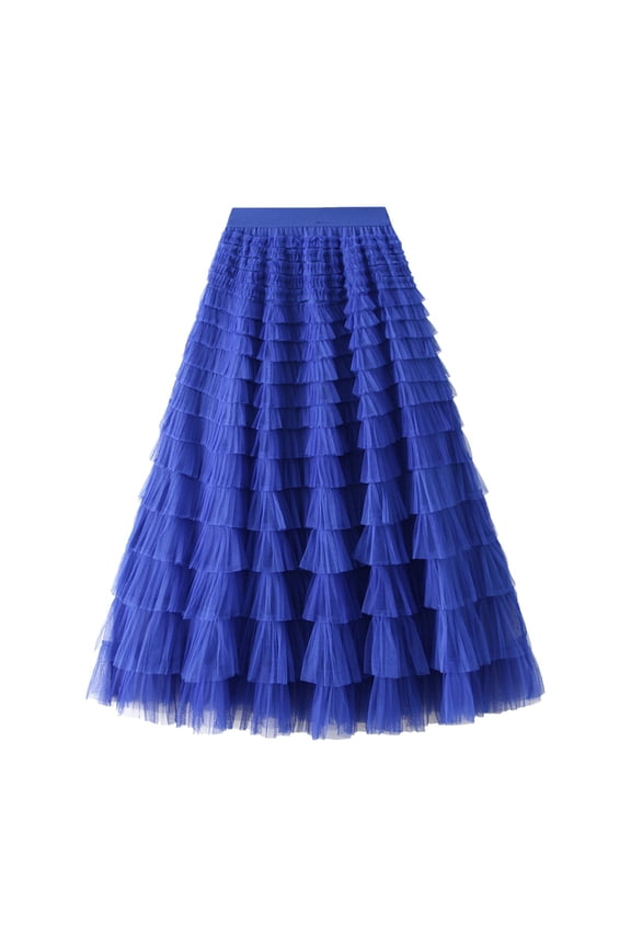 Tutu Skirt Women's A Line Pleated Long Tutu Skirt with Ruffle Mesh Calf Length Chiffon High Waist Cake Skirt Skirts for Women Blue M