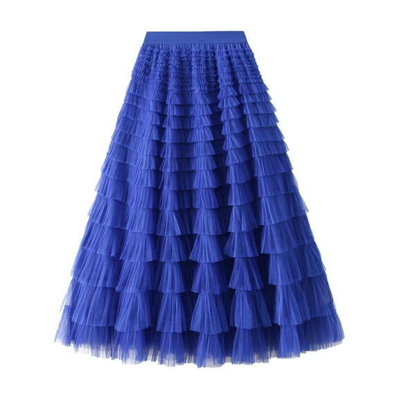 Ediodpoh Tutu Skirt Women's A Line Pleated Long Tutu Skirt with Ruffle Mesh Calf Length Chiffon High Waist Cake Skirt Skirts for Women Blue M
