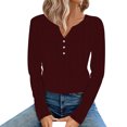 thumbnail image 1 of YOUSNH Women's Autumn/Winter Solid Color Jacquard Seamless V Neck Three Button Long Sleeve T Shirt Top Womens Tops 2024 Red S, 1 of 4