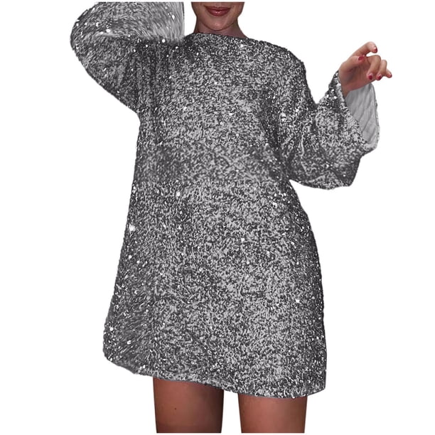 Riforla Women's Autumn and Winter New Round Neck Long Sleeved Loose Oversized Sequin Short Dress Dresses for Women Grey M