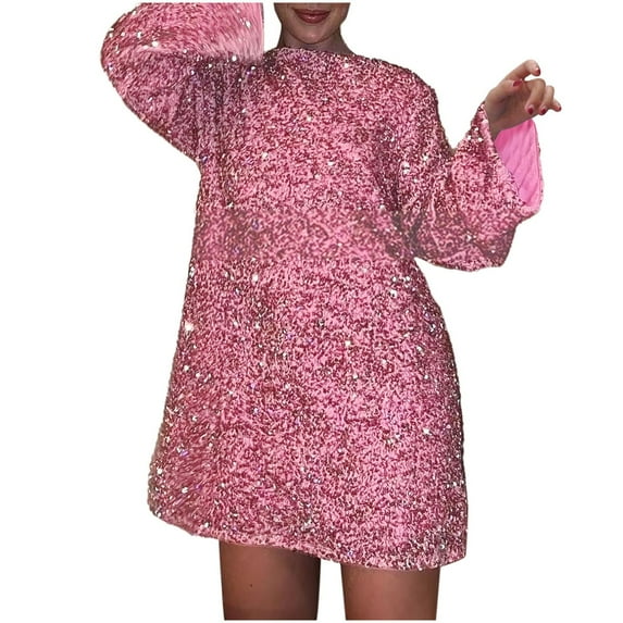 Riforla Women's Autumn and Winter New Round Neck Long Sleeved Loose Oversized Sequin Short Dress Dresses for Women RD1 L
