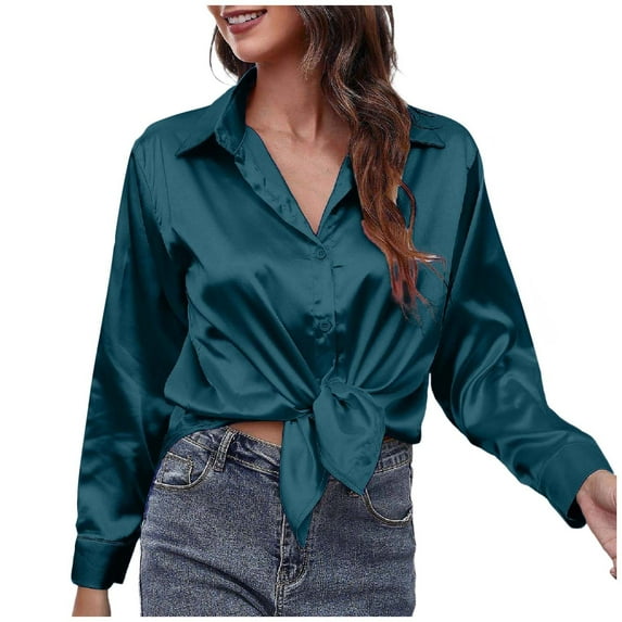 Riforla Women's Blouse Satin Silk Shirt Button Down Shirt Casual Loose Long Sleeve Office Work Long Edition Blouse Womens Tops GN1 XXL