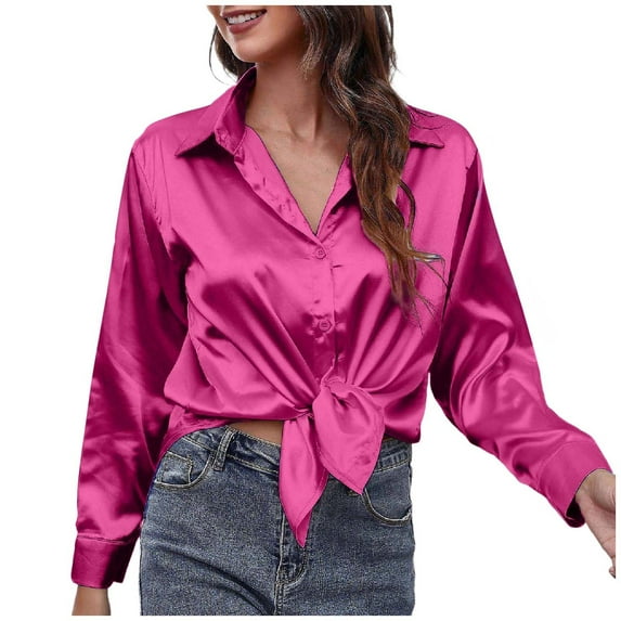 Riforla Women's Blouse Satin Silk Shirt Button Down Shirt Casual Loose Long Sleeve Office Work Long Edition Blouse Womens Tops Hot Pink XL