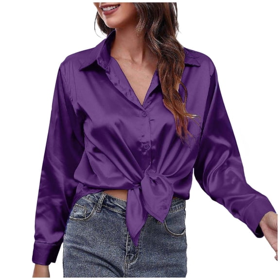 Riforla Women's Blouse Satin Silk Shirt Button Down Shirt Casual Loose Long Sleeve Office Work Long Edition Blouse Womens Tops L