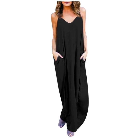 Riforla Women's Boho Beach Dress Irregular Neckline Pocketed Maxi Dress Casual Summer EU/US Sizes Women Mother of The Bride Dresses Black M