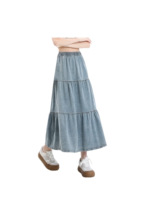 Long Denim Skirt Women's Casual Denim Long Skirt with Elastic Waist A Line Patchwork for Retro Style Womens Skirts BU2 L