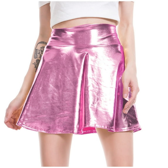 Riforla Women's Casual Fashion Shiny Metallic Flared Pleated A-Line Mini Skirt Skirts for Women Pink M
