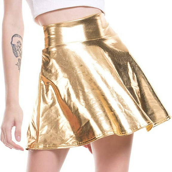 Riforla Women's Casual Fashion Shiny Metallic Flared Pleated A-Line Mini Skirt Skirts for Women Trendy Gold M