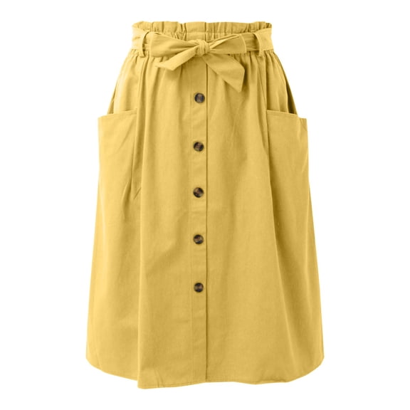 Riforla Women's Casual High Waist Pleated A Line Midi Skirt with Pocket Skirts for Women Trendy Yellow One Size