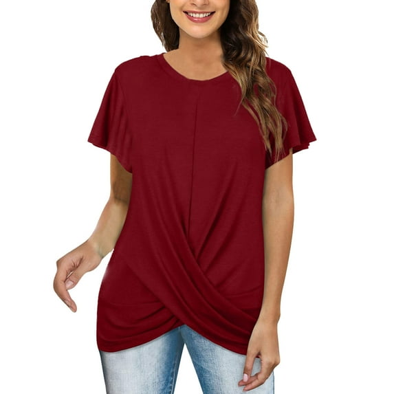 YOUSNH Women's Casual Knot Ruched Short Sleeve T Shirt Round Neck for Spring & Summer T-shirts for Women 2024 Red L