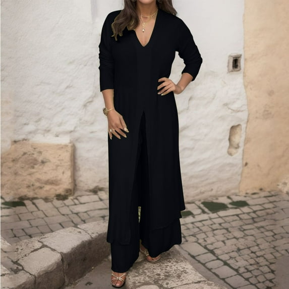 Riforla Women's Casual Plus Size V Neck Long Sleeved Chiffon Shirt Beach Suit Slit Long Top + Trousers Suit Blouse Bottom Pants Sets for Women Black XXL