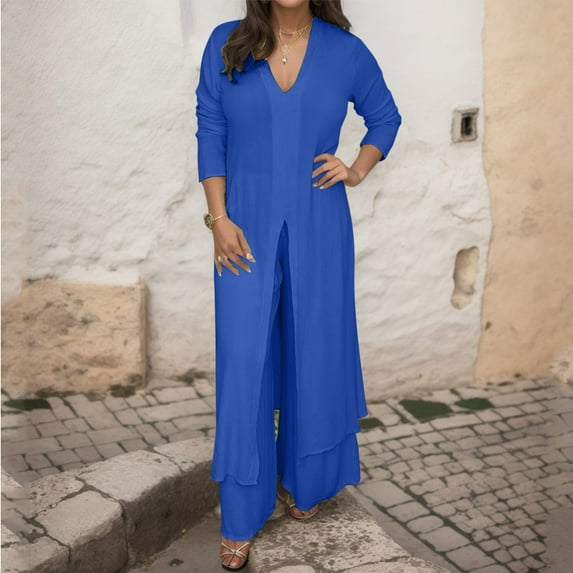 Riforla Women's Casual Plus Size V Neck Long Sleeved Chiffon Shirt Beach Suit Slit Long Top + Trousers Suit Blouse Bottom Pants Sets for Women Blue XXL