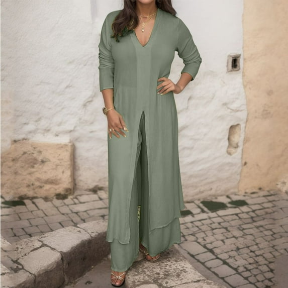 Riforla Women's Casual Plus Size V Neck Long Sleeved Chiffon Shirt Beach Suit Slit Long Top + Trousers Suit Blouse Bottom Pants Sets for Women Green XXXXXL