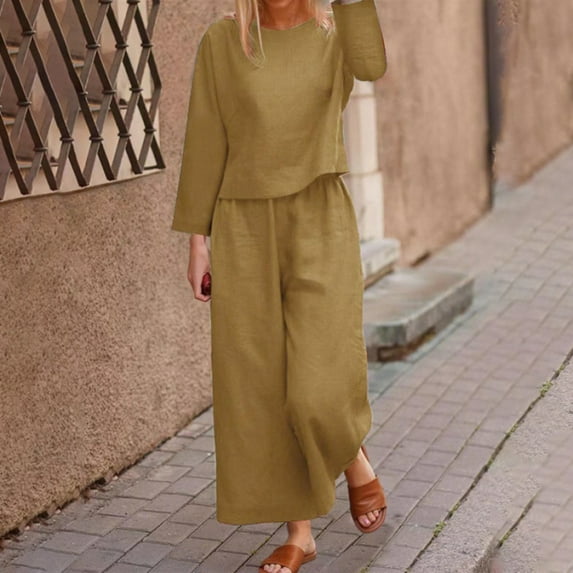 Riforla Women's Casual Pure Color Wide Leg Pant Suit 2 Piece Long Pants Outfit Border Fashion Sets for Women 2 Pieces Khaki L