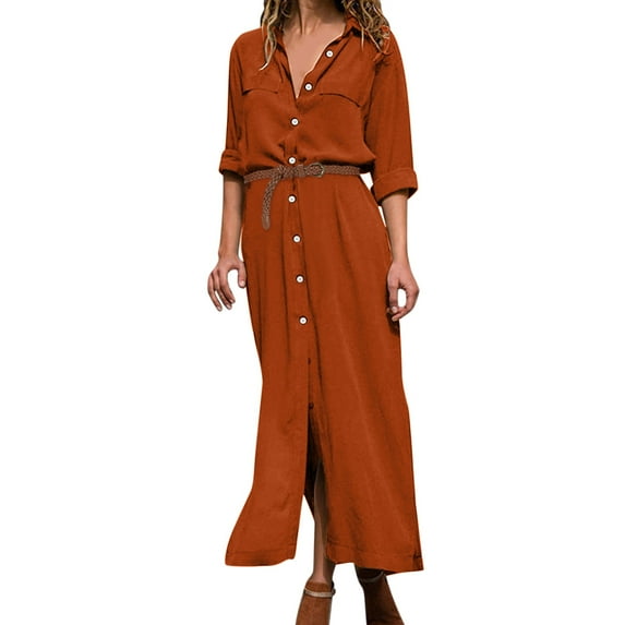 Riforla Women's Casual Solid Dress Button Long Shirt Dress Long Sleeve Lapel Elegant Casual Long Dress Long Belt Dress A_001 XL