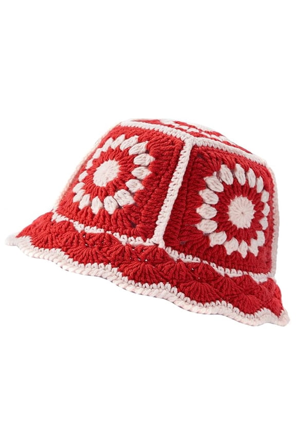 Women's Color Blocked Knitted Retro Hollow Breathable Daily Fisherman's Hat (1) Bucket Hats Red