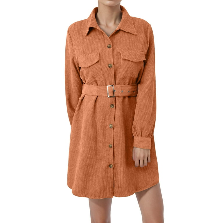 Riforla Women's Corduroy Dress Fashion Lapel Button Pocket Dress